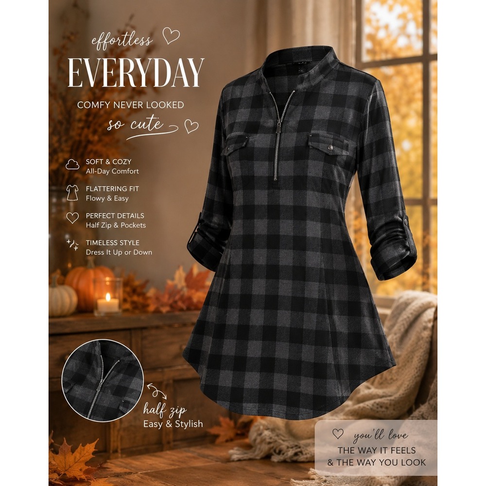 Ninedaily Womens XL Buffalo Plaid Tunic Quarter Zip Gray Black Gorpcore Blouse